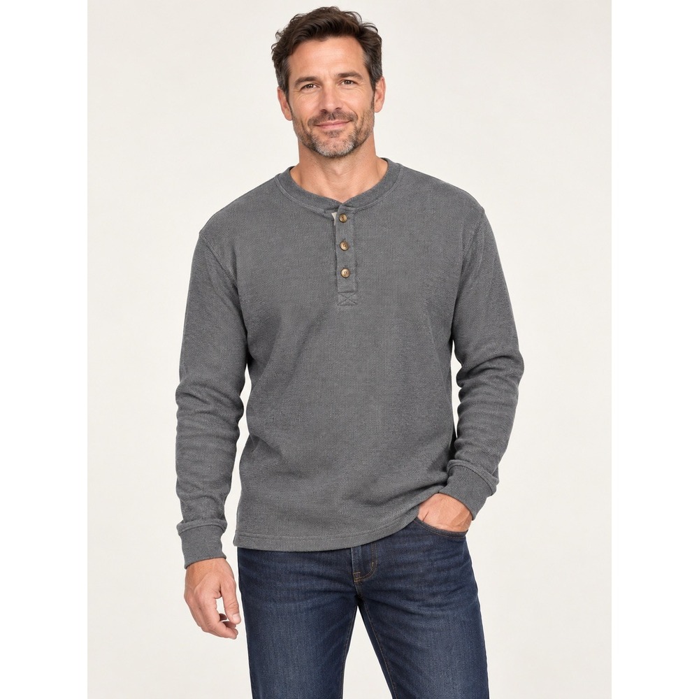 Thermal Henley Gray Long sleeved Men's Classical Shirt Size XXL waffle knit